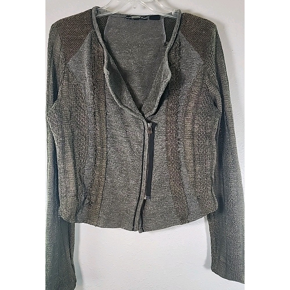 MISS ME Designer Cardigan Sweater women Lg Gray Green Brown Crochet & knit ZipUp